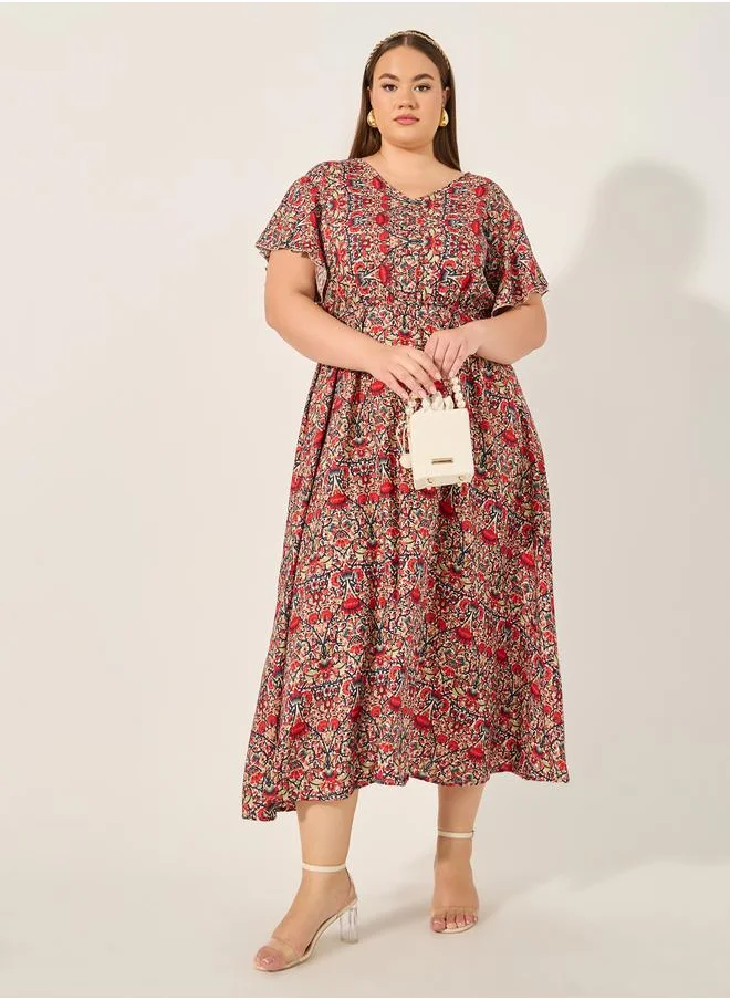 Styli Plus Size All Over Printed V Neck A-Line Midi Dress