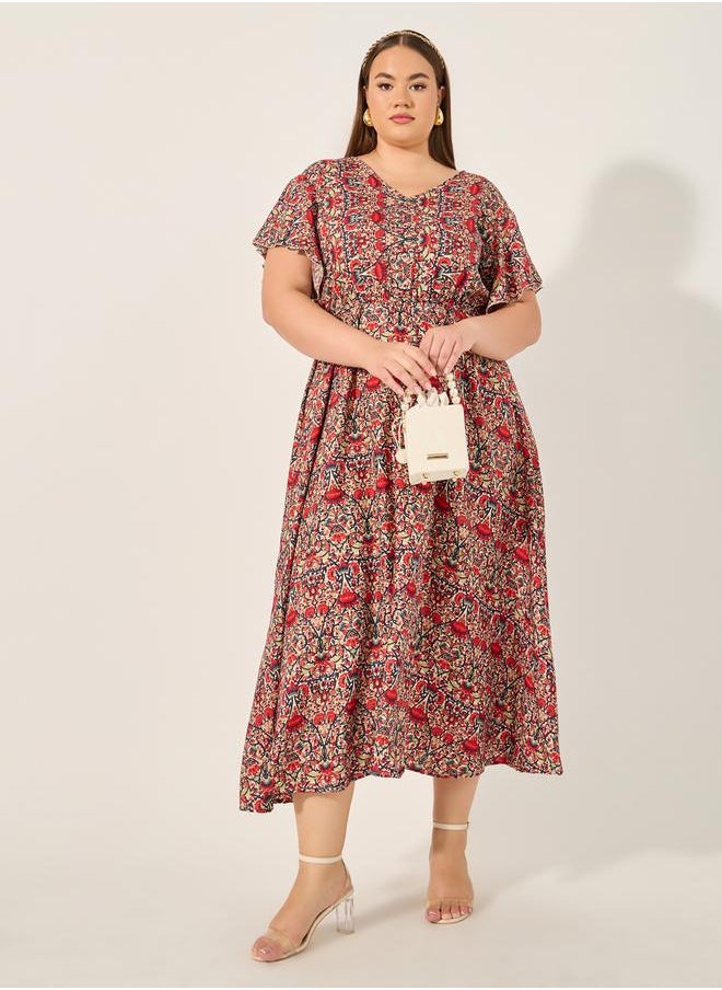 Styli Plus Size All Over Printed V Neck A-Line Midi Dress  - Image 1