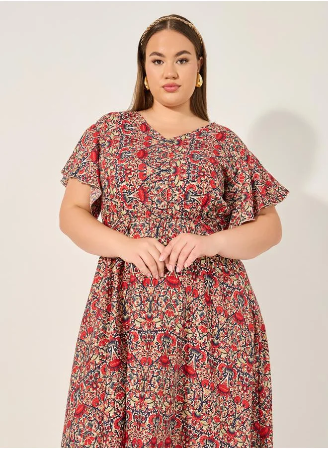 Styli Plus Size All Over Printed V Neck A-Line Midi Dress