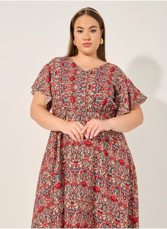 Styli Plus Size All Over Printed V Neck A-Line Midi Dress  - Image 3