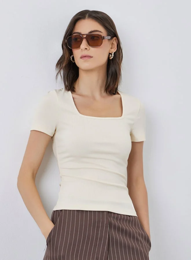 Take Two Take Two Women Cream Square Neck Fitted T-Shirt