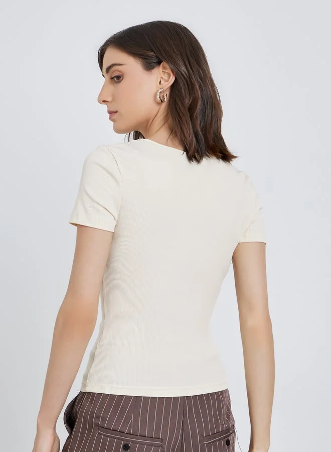 Take Two Take Two Women Cream Square Neck Fitted T-Shirt