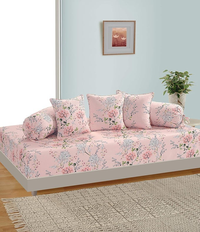 DIWAN SET COTTON 6 PIECE DIWAN PRINTED BEDSHEET SET FOR LIVING ROOM HALL SET OF 6 PIECE 1 DIWAN SHEET 2BOLSTER COVER 3 CUSHION COVERS SOFT FEEL FLORAL PINK GREY
