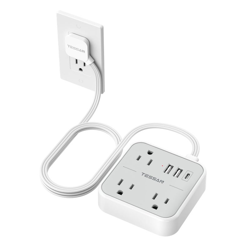TESSAN Ultra Thin Flat Extension Cord 5 FT, Slim Power Strip with USB Ports (1 USB C), Surge Protector Flat Plug Wall Charger with 3 Outlets for Office, School, Dorm Room Essentials - Image 1