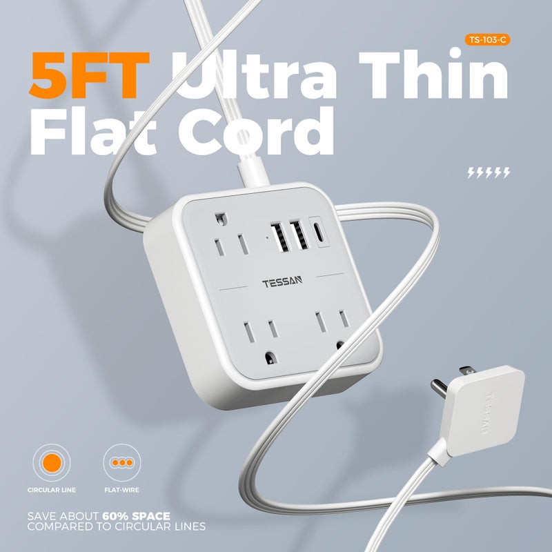 TESSAN Ultra Thin Flat Extension Cord 5 FT, Slim Power Strip with USB Ports (1 USB C), Surge Protector Flat Plug Wall Charger with 3 Outlets for Office, School, Dorm Room Essentials - Image 4