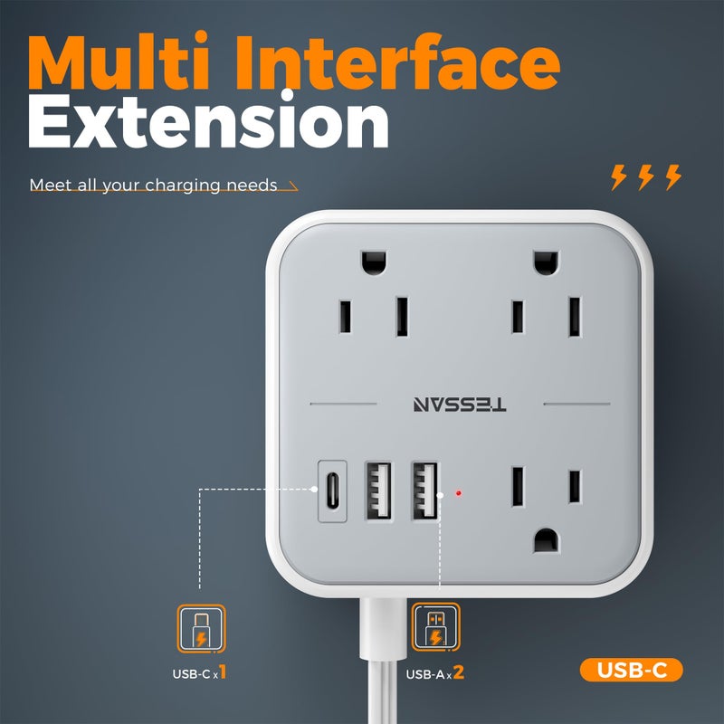 TESSAN Ultra Thin Flat Extension Cord 5 FT, Slim Power Strip with USB Ports (1 USB C), Surge Protector Flat Plug Wall Charger with 3 Outlets for Office, School, Dorm Room Essentials - Image 5