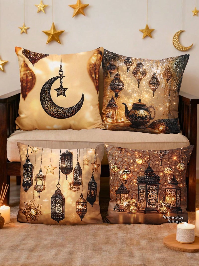 Ramadan Decorations Cushion Cover Set 4 PCS 45 x 45 cm Golden Lantern Design - Image 5