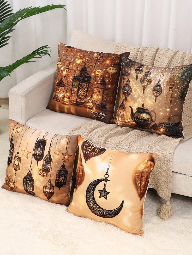 Ramadan Decorations Cushion Cover Set 4 PCS 45 x 45 cm Golden Lantern Design - Image 1