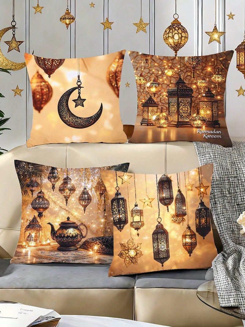 Ramadan Decorations Cushion Cover Set 4 PCS 45 x 45 cm Golden Lantern Design - Image 4