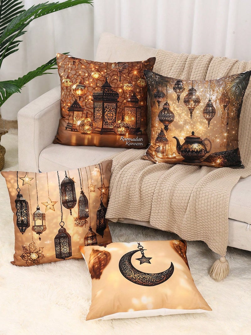 Ramadan Decorations Cushion Cover Set 4 PCS 45 x 45 cm Golden Lantern Design - Image 3