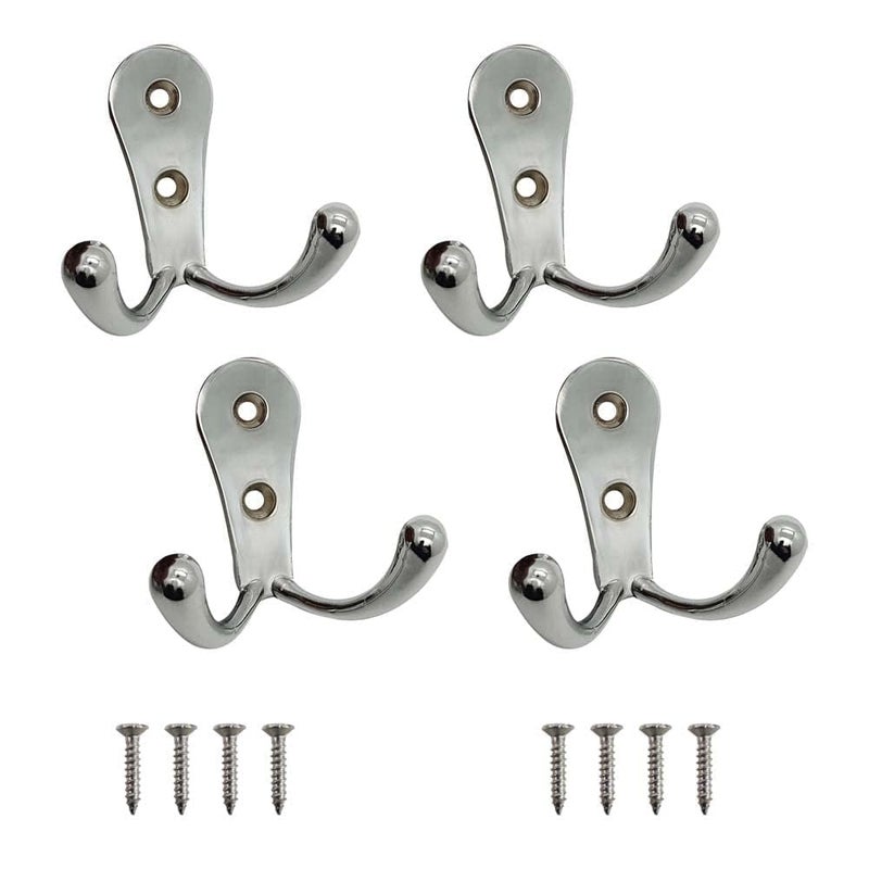 HYDERON Stainless Steel Finish Two-Pin Clothes Hanger Hook - Premium & Stylish Wall and Door Hook Rail for Hanging Clothes, Keys, and Towels (Pack of 4) - Image 1