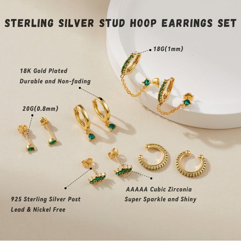 LOFITOR 5 Pairs Sterling Silver Post Stud Hoop Earrings Set Dainty 14k Gold Plated Earrings for Women S925 Green CZ Cartilage Stud Huggie Earring for Multiple Piercing Small Earring Stacks G Egg - Image 3