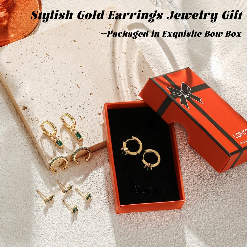 LOFITOR 5 Pairs Sterling Silver Post Stud Hoop Earrings Set Dainty 14k Gold Plated Earrings for Women S925 Green CZ Cartilage Stud Huggie Earring for Multiple Piercing Small Earring Stacks G Egg - Image 5