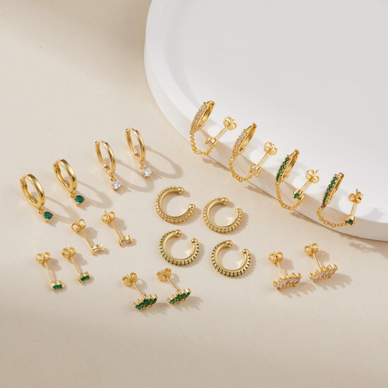 LOFITOR 5 Pairs Sterling Silver Post Stud Hoop Earrings Set Dainty 14k Gold Plated Earrings for Women S925 Green CZ Cartilage Stud Huggie Earring for Multiple Piercing Small Earring Stacks G Egg - Image 4