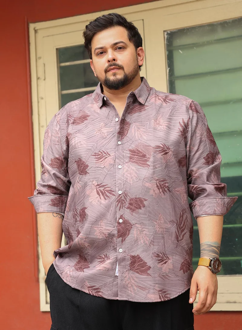 انستافاب بلس Instafab Plus Men Leaf-Imprint Foliage-Tactile Shirt | Spread Collar , Long Cuffed Sleeves | Button Closure , Curved Hem | Floral Print Textured | Woven Fabric For Casual & Daily Wear | Mauve Purple