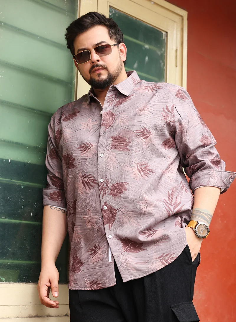 انستافاب بلس قميص رجالي مطبوع بأوراق الشجر وياقة عريضة وأكمام طويلة بأزرار وحافة منحنية وطبعة زهور منسوج من قماش كاجوال يومي بلون بنفسجي فاتح