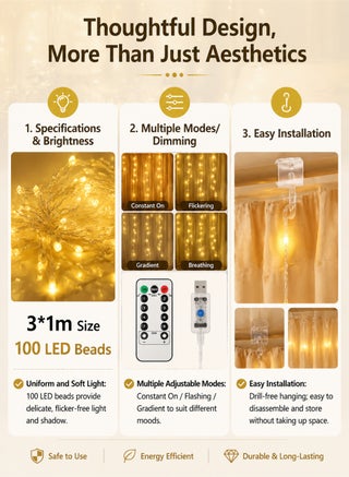 ستارة إضاءة LED 3*1 (100 مصباح LED) - ديكورات رمضان، والعيد، والحفلات، والأجواء الرومانسية - view 3