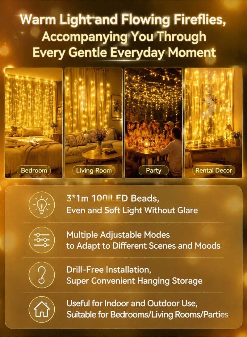 ووفيكسر ستارة إضاءة LED 3*1 (100 مصباح LED) - ديكورات رمضان، والعيد، والحفلات، والأجواء الرومانسية - Image 5