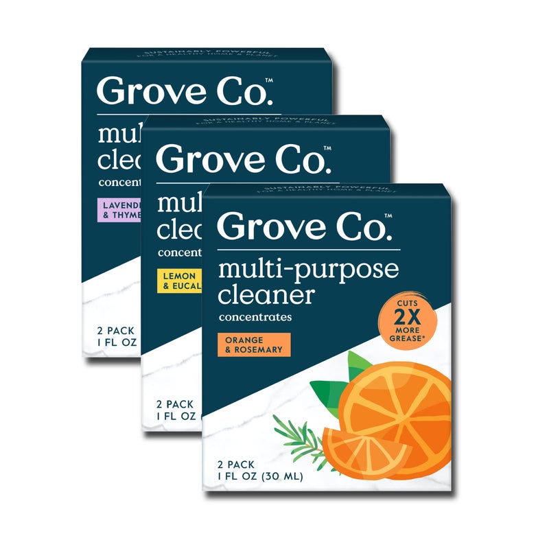 Grove Co. Multi-Purpose Cleaner, Refill Concentrate (6 x 1 Fl Oz) Plant-based Household Cleaning Supplies, Ammonia & Chlorine Free, No Plastic Waste, 3 Scent Variety Pack, Total 3 x 2 Pack Refills - Image 1