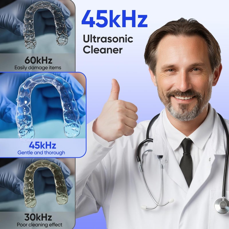 MySmile آلة تنظيف الأسنان بالموجات فوق الصوتية MySmile - منظف طقم الأسنان بتردد 45 كيلو هرتز مع سعة 200 مل للمواءمات، الأقواس، واقي الفم، واقي الليل، علبة تنظيف الأسنان المحمولة مع مؤقت رقمي (أسود) - Image 5