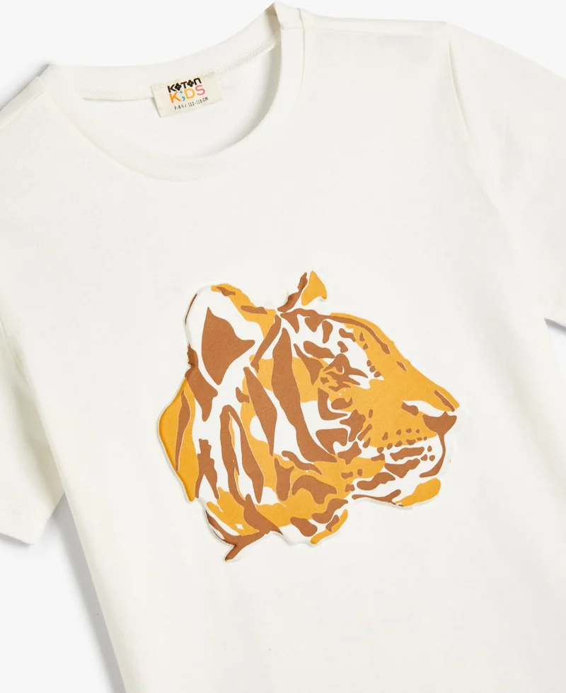 KOTON T-Shirt Tiger Printed Short Sleeve Crew Neck Cotton