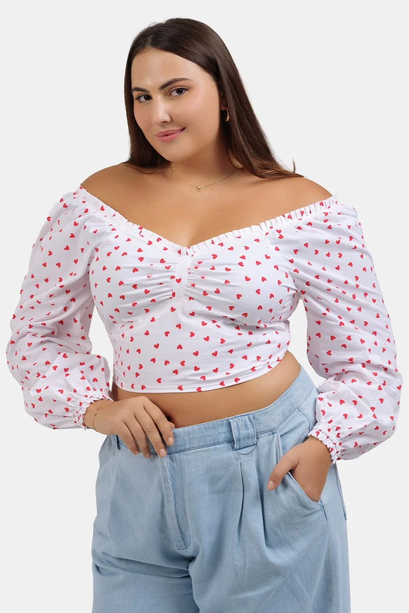 فيرجيو All Over Print Cotton Cropped Plus Size Top With Sweetheart Neckline for Women