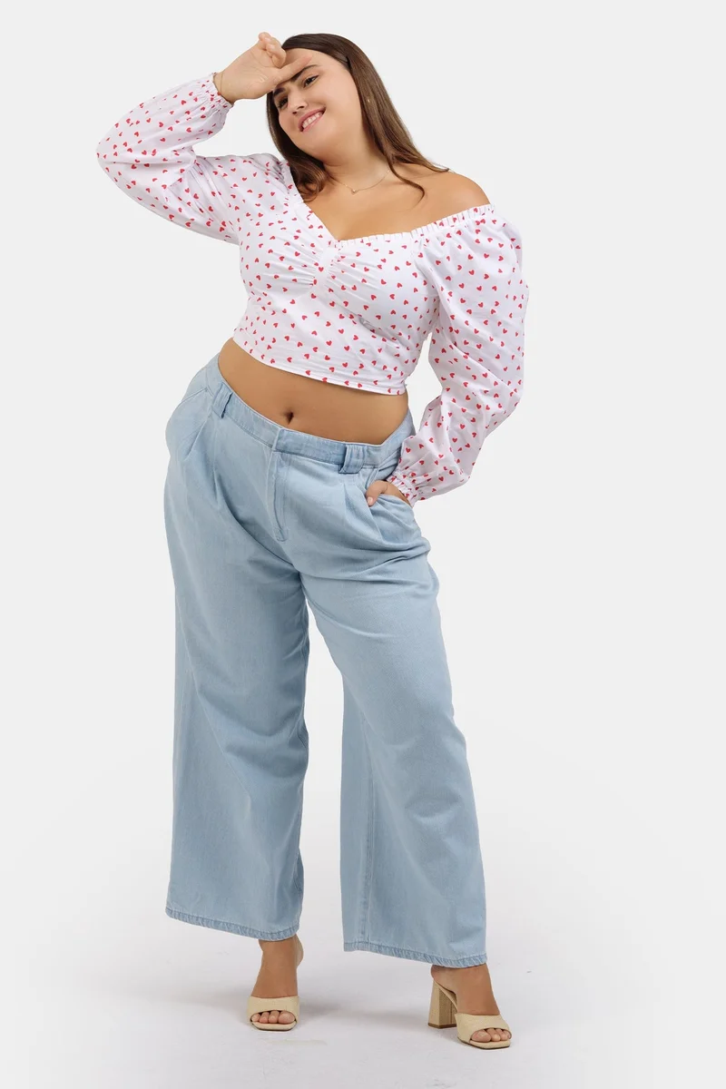 فيرجيو All Over Print Cotton Cropped Plus Size Top With Sweetheart Neckline for Women