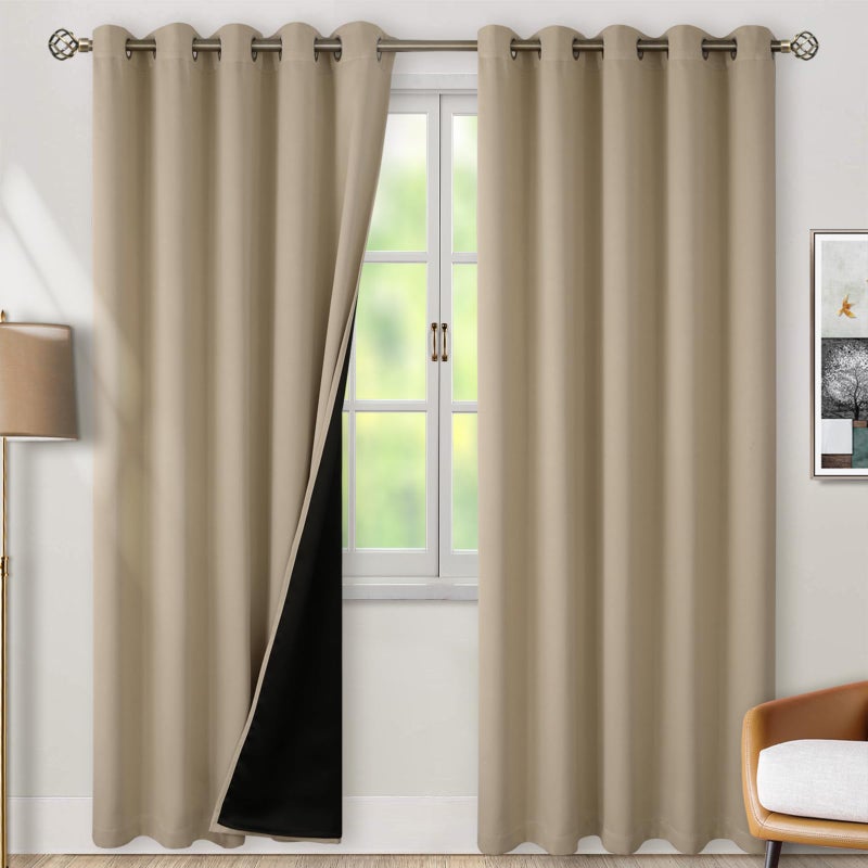 BGment Thermal Insulated 100% Blackout Curtains for Bedroom with Black Liner  Double Layer Full Room Darkening Noise Reducing Grommet Curtain (60 x 84 Inch  Sand  2 Panels) - Image 1
