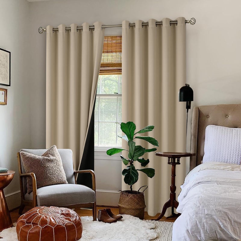 BGment Thermal Insulated 100% Blackout Curtains for Bedroom with Black Liner  Double Layer Full Room Darkening Noise Reducing Grommet Curtain (60 x 84 Inch  Sand  2 Panels) - Image 2