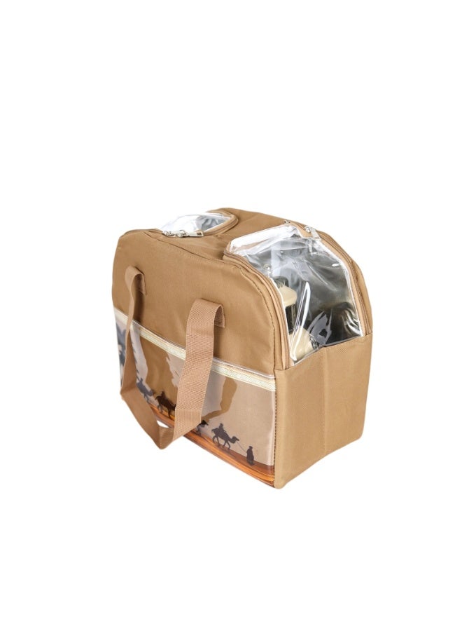 باصرة شنطة ترامس شاي وقهوة ودلال للرحلات – حقيبة حفظ ترمس ودلة قماشية بلون بيج – شنطة قهوة وشاي للبر والسفر بتصميم أنيق وعازل للحرارة - Image 3