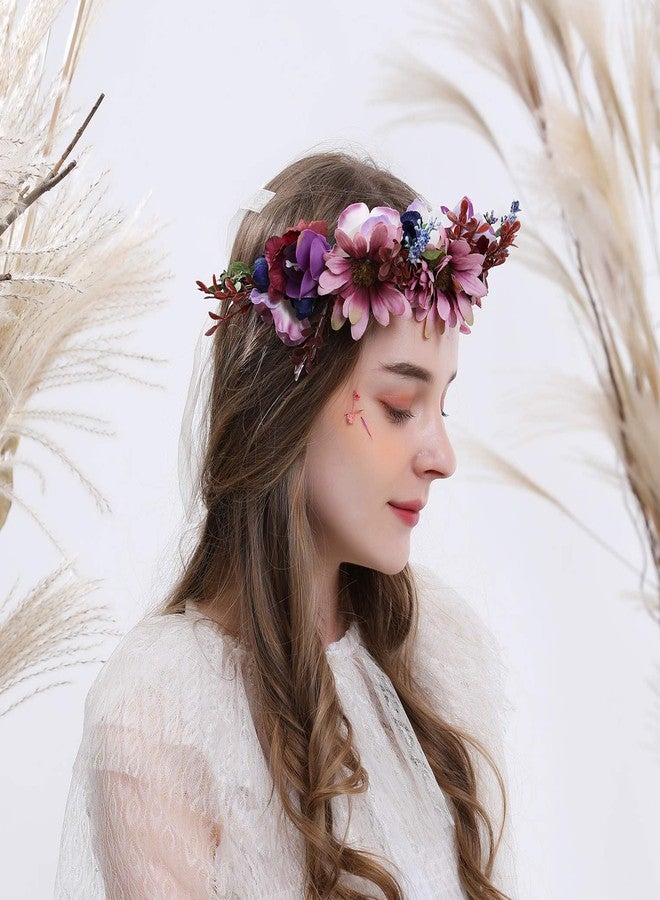 LLinfflr Women Floral Crown Boho Flower Headband Hair Wreath Floral Halo Headpiece with Ribbon Wedding Party Photos Purple - Image 3