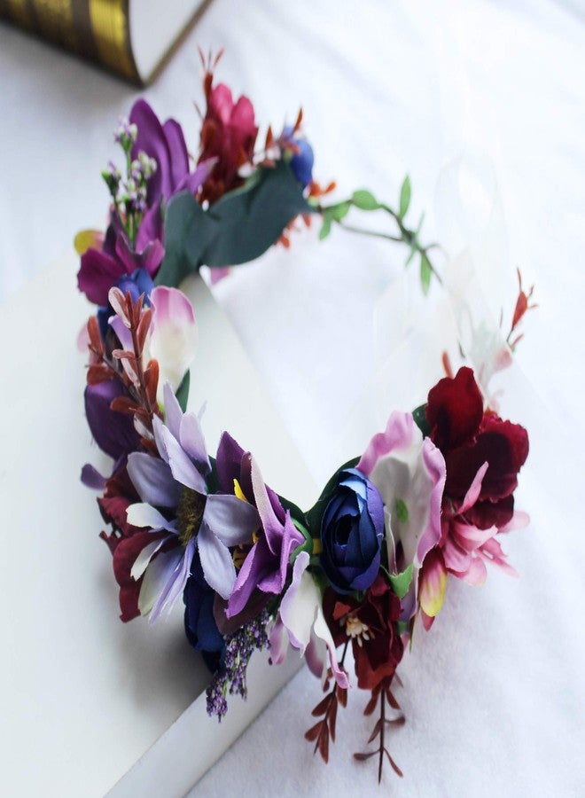 LLinfflr Women Floral Crown Boho Flower Headband Hair Wreath Floral Halo Headpiece with Ribbon Wedding Party Photos Purple - Image 5