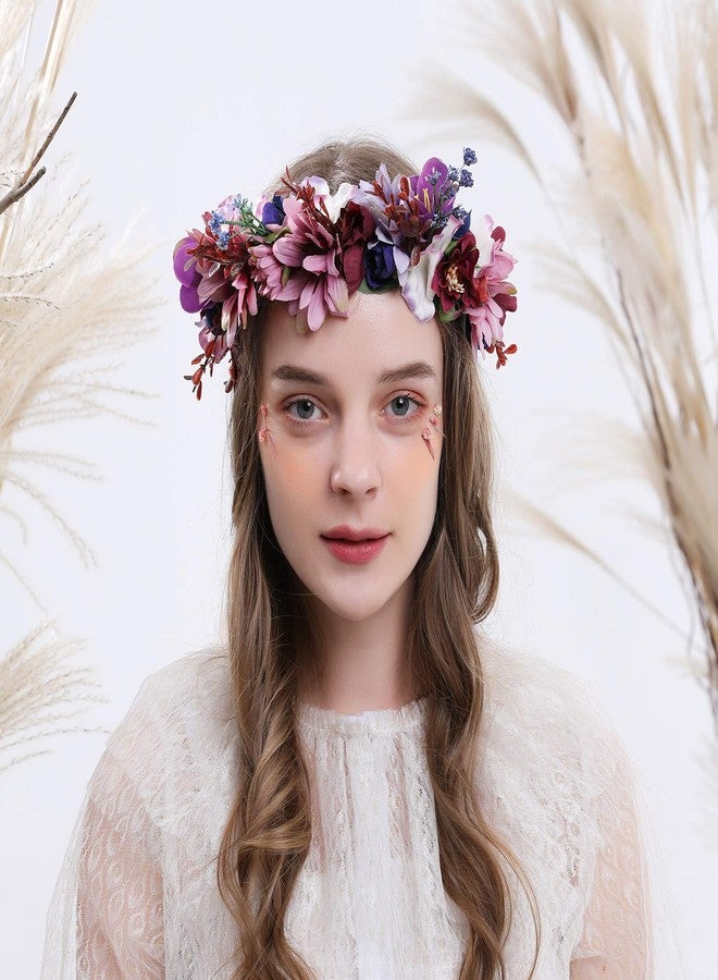LLinfflr Women Floral Crown Boho Flower Headband Hair Wreath Floral Halo Headpiece with Ribbon Wedding Party Photos Purple - Image 2