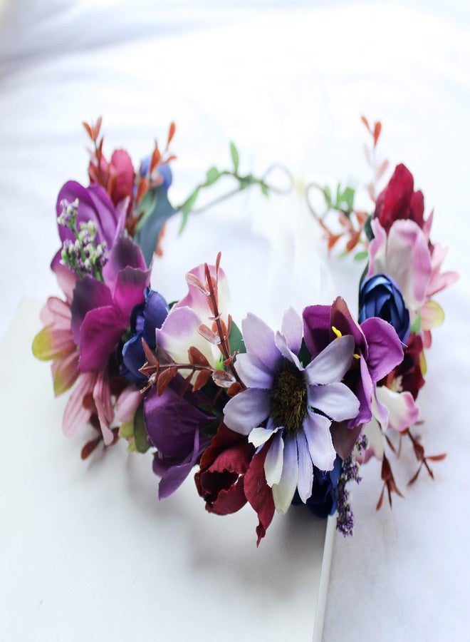 LLinfflr Women Floral Crown Boho Flower Headband Hair Wreath Floral Halo Headpiece with Ribbon Wedding Party Photos Purple - Image 4