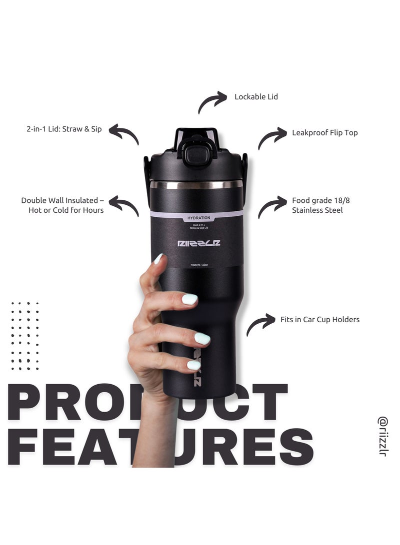 RIIZZLR® 1000ml Insulated Water Bottle Tumbler with 2-in-1 Straw & Sip Lid – Stainless Steel Vacuum Flask, Double Wall, BPA-Free, Leakproof, Wide Mouth, Keeps Drinks Hot 12H / Cold 24H - Image 3