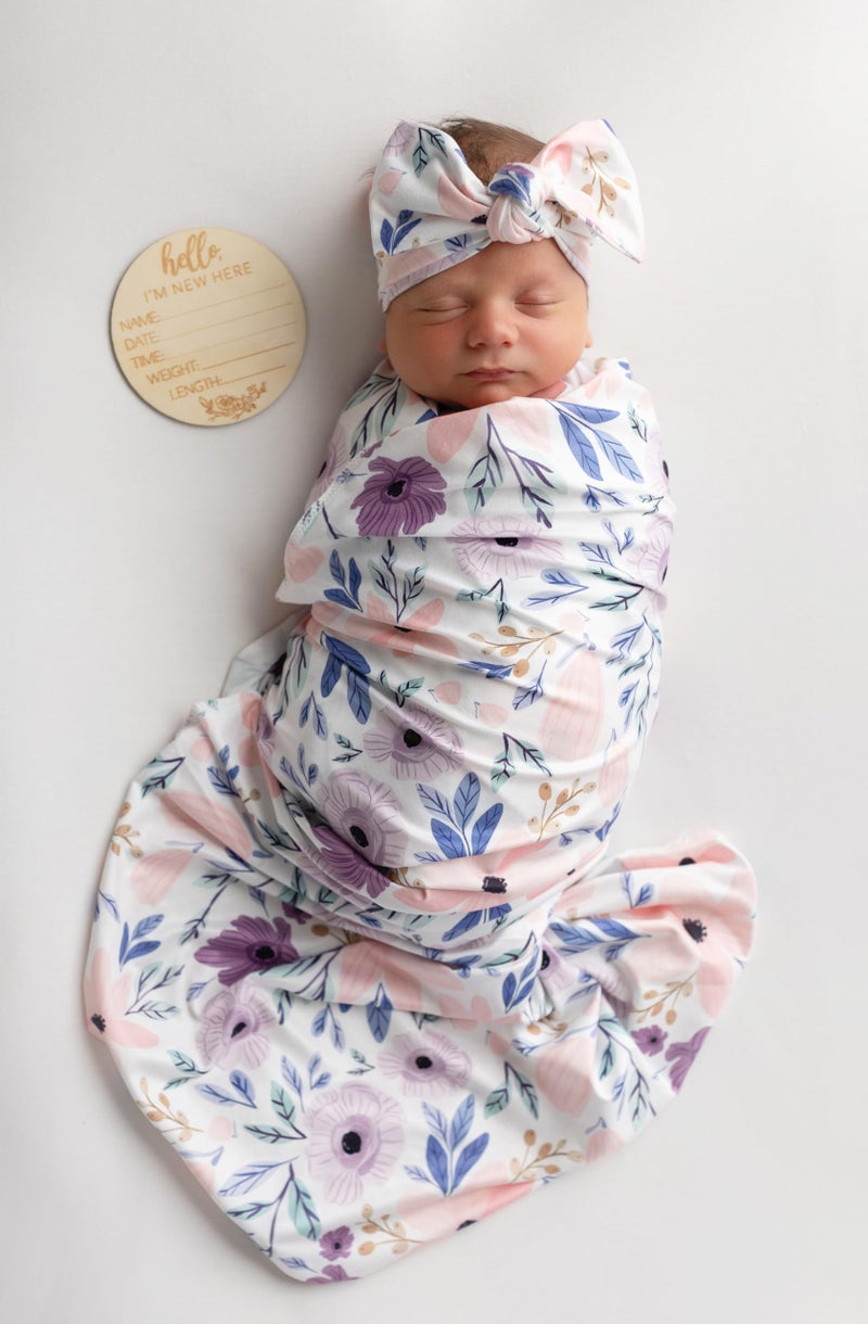 Vollmic Newborn Baby Girl Receiving Blanket Swaddle Blanket Stretchy Knit Swaddle Set with Matching Headband Beanie with a Name Card (Pink and Purple Floral) - Image 1
