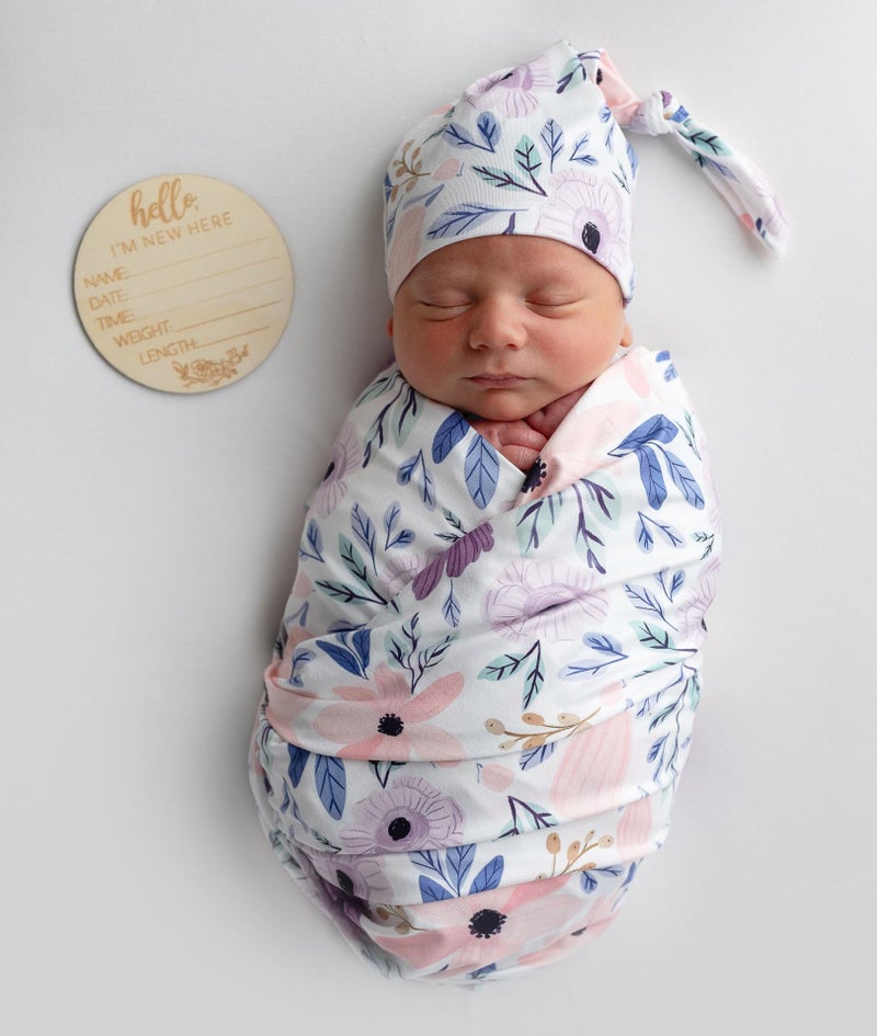 Vollmic Newborn Baby Girl Receiving Blanket Swaddle Blanket Stretchy Knit Swaddle Set with Matching Headband Beanie with a Name Card (Pink and Purple Floral) - Image 2