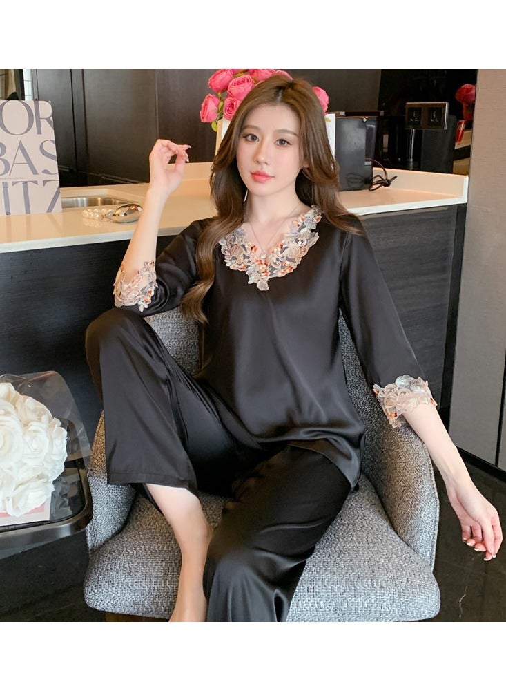 NIBEMINENT 2-Piece Women's Satin Pajamas Loose 3/4 Cuff Head V-Neck Top Elastic Waist Casual Pants Home Furnishing Set  - Image 2