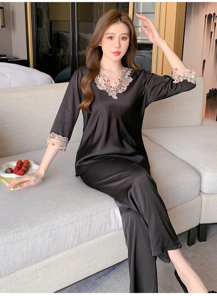 NIBEMINENT 2-Piece Women's Satin Pajamas Loose 3/4 Cuff Head V-Neck Top Elastic Waist Casual Pants Home Furnishing Set  - Image 1