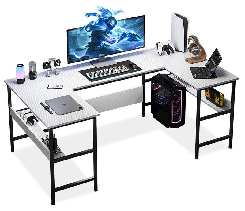 فامابي مكتب على شكل حرف U، مكتب كمبيوتر مع طبقة رف كتب، طاولة ألعاب مكتبية كبيرة 180*100*75 سم - Image 1