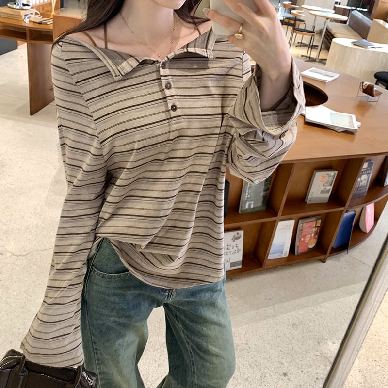 Shopping Mall Real Pograph American Spice Girl Shoulder Loose Striped Long-Sleeved T-Shirt Women'S 2025 New Base - Image 3