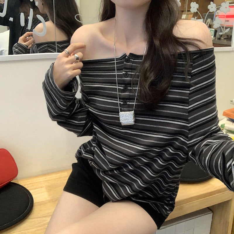Shopping Mall Real Pograph American Spice Girl Shoulder Loose Striped Long-Sleeved T-Shirt Women'S 2025 New Base - Image 1