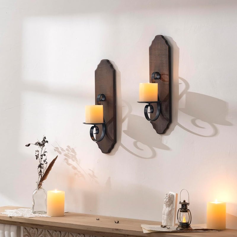 ZOOYOO Black Metal and Wooden Wall Sconce Candle Holders, Elegant Swirling Iron Wall Candle Sconce Holders, Black Hanging Wall Sconce Candle Holders, Set of 2 - Image 2