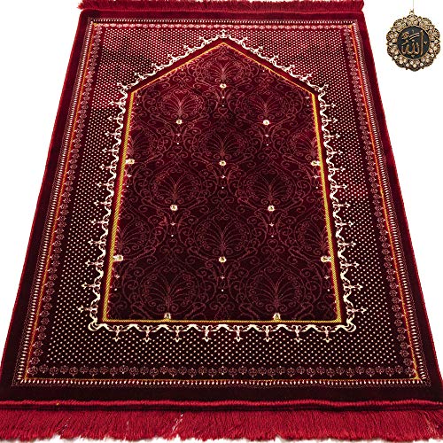 Modefa Velvet Prayer Rug | with Car Hanger | Janamaz Sajjadah Musalla | Thick Plush Wide - Topkapi (Red) - Image 1