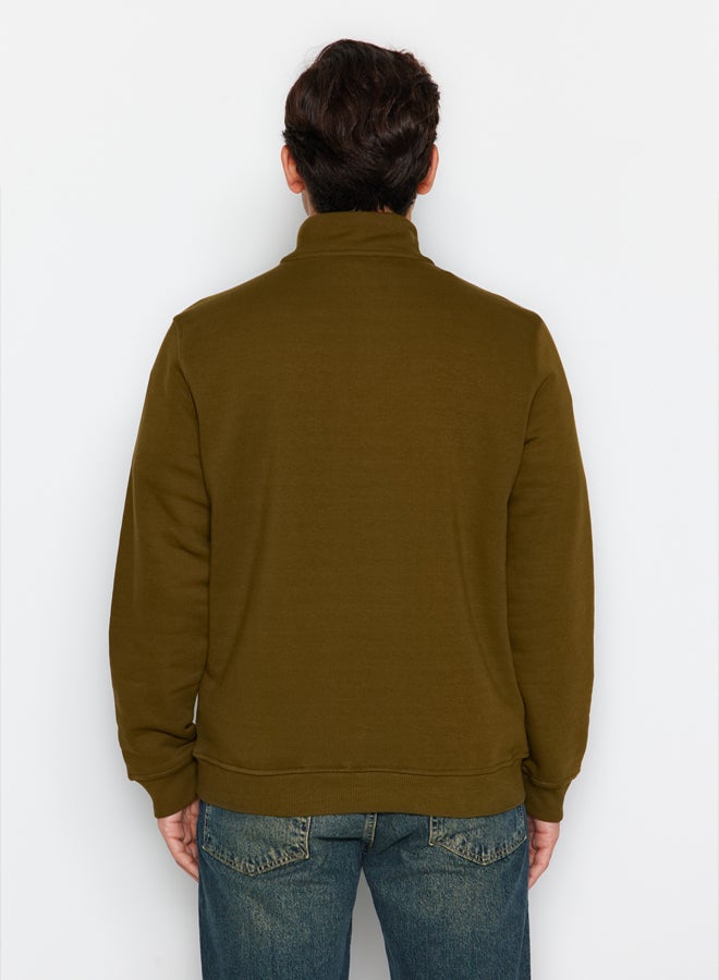 trendyol Green Regular/Normal Cut Stand Collar Zippered Cotton Basic Polar Fleece Sweatshirt - Image 5