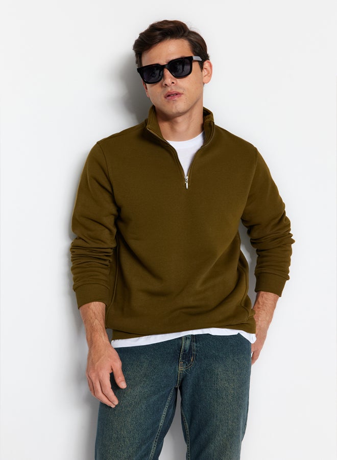 trendyol Green Regular/Normal Cut Stand Collar Zippered Cotton Basic Polar Fleece Sweatshirt - Image 1