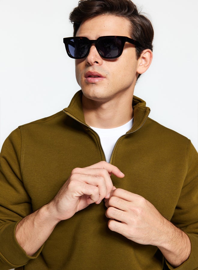 trendyol Green Regular/Normal Cut Stand Collar Zippered Cotton Basic Polar Fleece Sweatshirt - Image 3