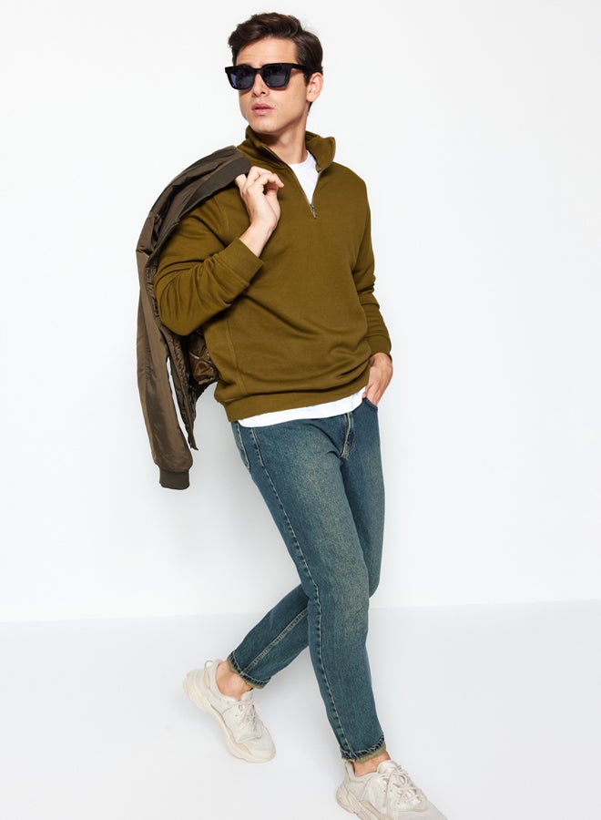 trendyol Green Regular/Normal Cut Stand Collar Zippered Cotton Basic Polar Fleece Sweatshirt - Image 2