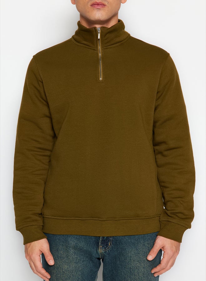 trendyol Green Regular/Normal Cut Stand Collar Zippered Cotton Basic Polar Fleece Sweatshirt - Image 4