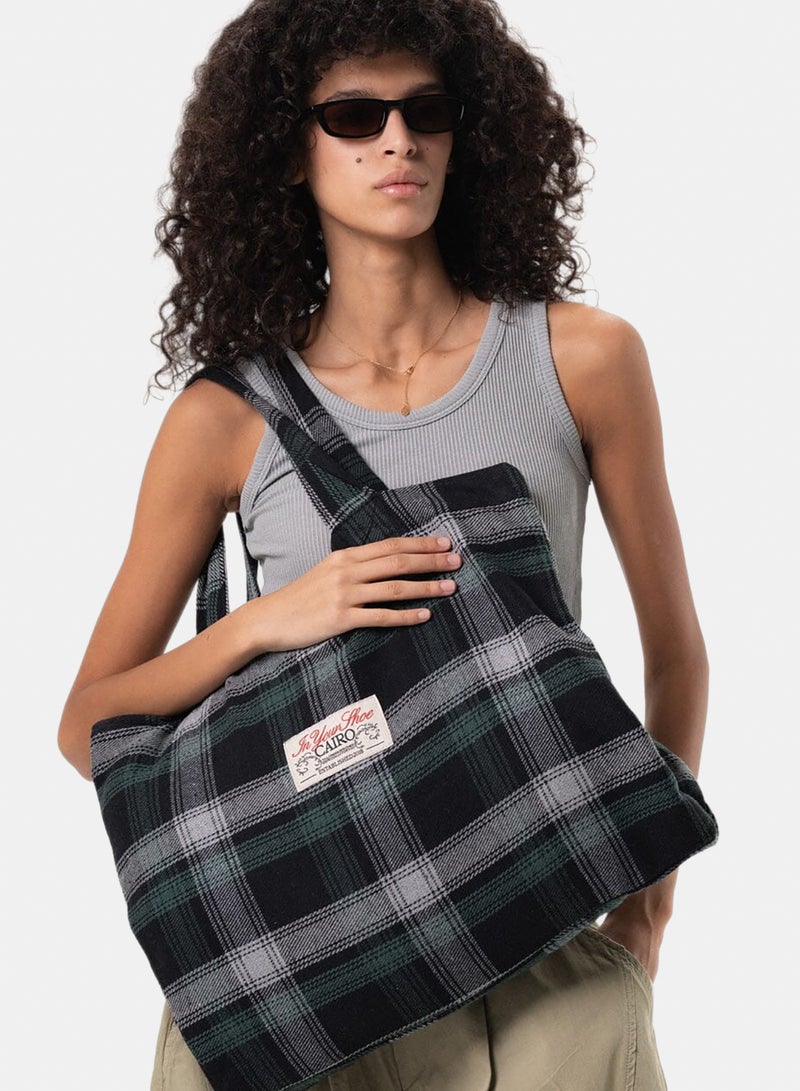 In Your Shoe Black Plaid Tote Bag - Image 1